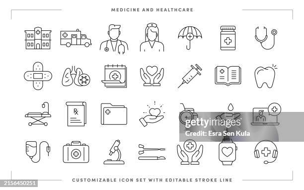 ilustrações de stock, clip art, desenhos animados e ícones de medicine and healthcare customizable line icon set with editable stroke - documento médico
