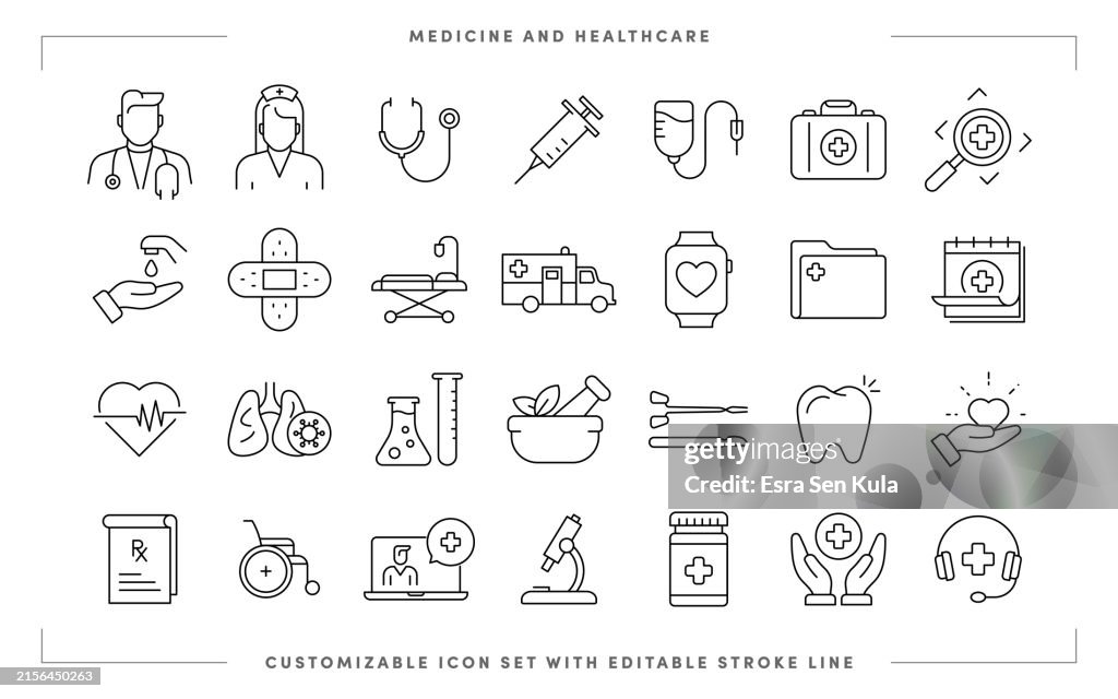 Medicine and Healthcare Customizable Line Icon Set with Editable Stroke