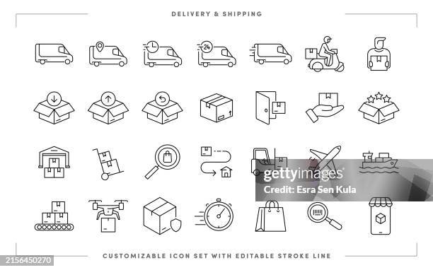 illustrazioni stock, clip art, cartoni animati e icone di tendenza di consegna e spedizione set di icone di linea personalizzabili con tratto modificabile - fascio