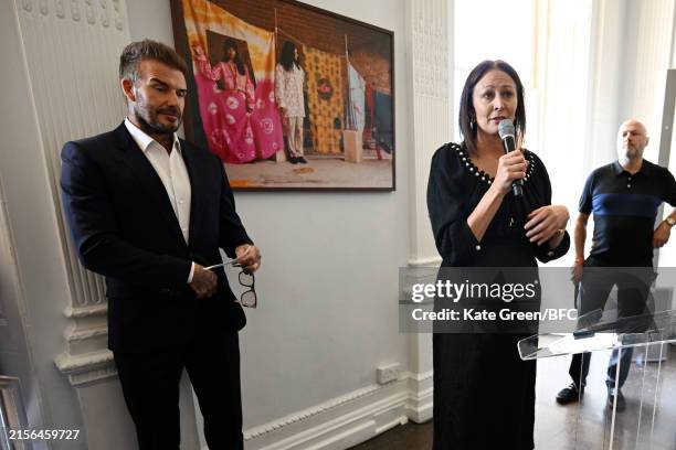 David Beckham and Chief Executive of the British Fashion Council, Caroline Rush gives a speech at the BFC Network Breakfast at the Institute Of...