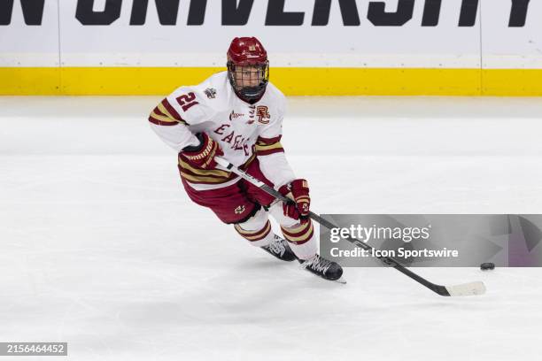 Boston College Eagles forward Oskar Jellvik skates with the puck during the men's Frozen Four championship game between the Boston College Eagles and...