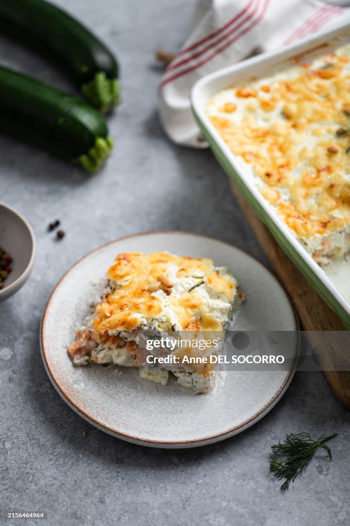 Homemade salmon zucchini parmesan lasagna