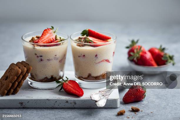 homemade tiramisu cream strawberry speculoos - mascarpone stock pictures, royalty-free photos & images