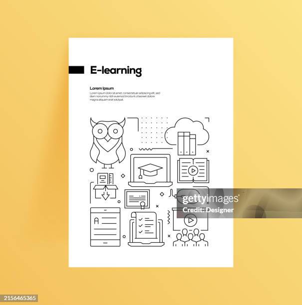 e-learning related line style banner design for web page, headline, brochure, annual report and book cover - students learning computer programming stock illustrations