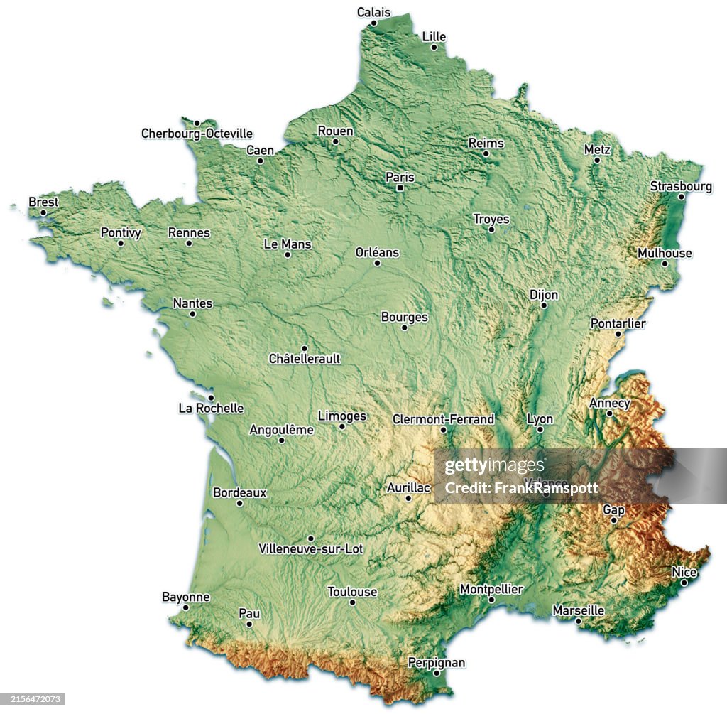 France Rendu 3D Carte topographique Couleur Villes isolées