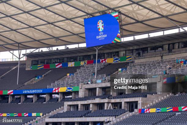 General view of the stadium and media tribune ahead of the UEFA EURO 2024 Germany at Olympiastadion on June 07, 2024 in Berlin, Germany. Germany is...