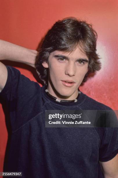 American actor Matt Dillon, wearing a black crew neck t-shirt with a Native American choker-style necklace, his right hand behind his head, against a...