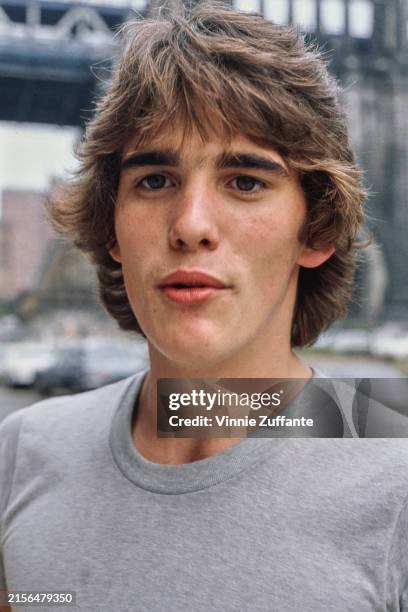 Headshot of American actor Matt Dillon, wearing a grey crew-neck t-shirt, United States, circa 1980.