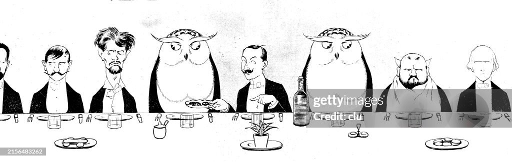 Two owls, symbol of wisdom and intelligence, sitting at a long table at dinner, around them strange gentlemen looking unusually