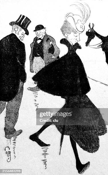 men on the champs elysees wonder about the short skirt of a woman walking by - wonder woman stock illustrations