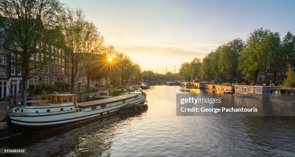Sunset in the canal in Amsterdam, Netherlands