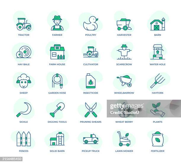agriculture icons set - vector illustration of farming equipment and activities - sheep shears stock illustrations