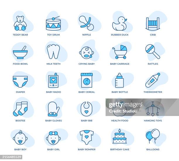 baby icons set - vector illustration of newborn essentials and accessories - baby crying icon stock illustrations