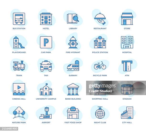 city life icons set - vector illustration of urban infrastructure and daily essentials - public service stock illustrations