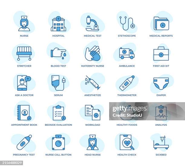 ilustraciones, imágenes clip art, dibujos animados e iconos de stock de conjunto de iconos de enfermería y partería - residencia de ancianos