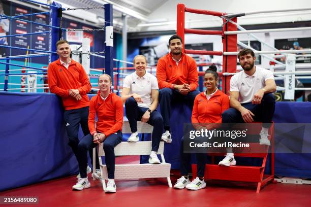 Lewis Richardson, Charley Davison, Rosie Eccles, Delicious Orie, Chantelle Reid and Pat Brown of Team Great Britain pose for a group photo during the...