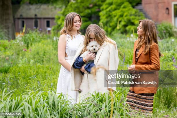 Princess Ariane of The Netherlands, Princess Amalia of The Netherlands and Princess Alexia of the Netherlands with their dog Mambo poses for the...