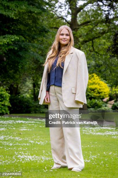Princess Amalia of The Netherlands poses for the media during a photo shoot at Royal residence Huis ten Bosch Palace on June 7, 2024 in The Hague,...