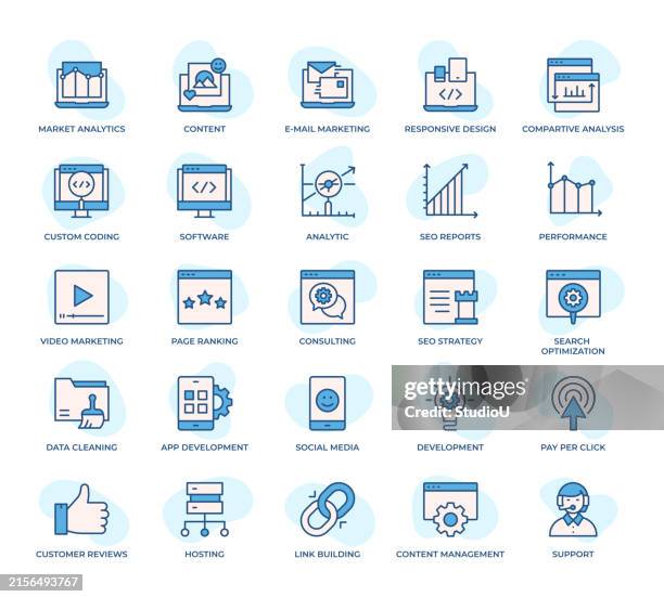 stockillustraties, clipart, cartoons en iconen met search engine optimization and digital marketing icons set - application programming interface
