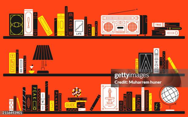 bildbanksillustrationer, clip art samt tecknat material och ikoner med vector background illustration of a bookshelf with an empty center. background for library, education, learning, reading, research, leisure concepts. - bokhylla