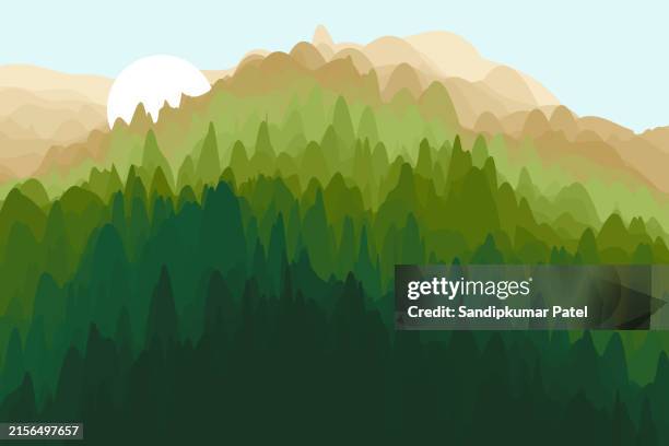 beautiful sunrise with flying seagulls. landscape with mountains. abstract background. - dramatic mountain stock illustrations