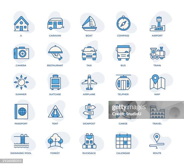 travel and adventure icons collection - caravan house stock illustrations