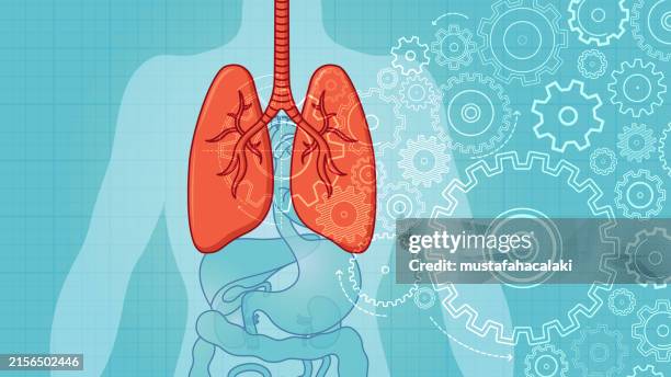 lungengesundheit mit drehenden zahnrädern - lungenkrebs stock-grafiken, -clipart, -cartoons und -symbole