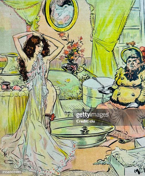 young, elegant beauty takes a bath, the servant sits at the side - cartoon towel stock illustrations
