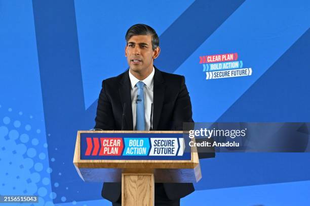British Prime Minister and Conservative Party leader Rishi Sunak launches the Conservative Party general election manifesto at the Silverstone race...