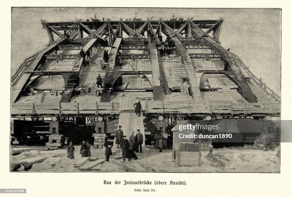Construction of the Krasnoyarsk Railway Bridge on the Trans-Siberian Railway over the Yenisei River Victorian 1890s 19th Century, Vintage Photograph