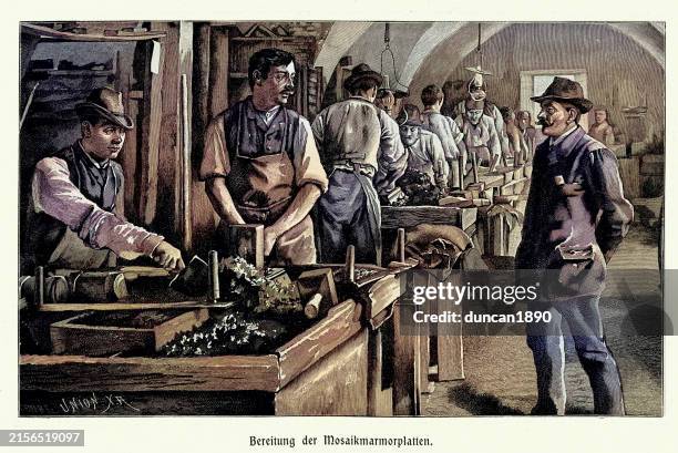 ilustraciones, imágenes clip art, dibujos animados e iconos de stock de artesanos en un taller que prepara mosaicos de baldosas de mármol, alemania, victoriano de 1890 siglo 19, ilustración vintage - siglo xix