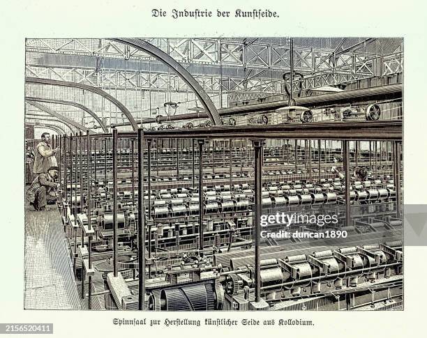 industrial history, workers in a factory spinning room for producing artificial silk from collodion, germany, victorian 19th century, germany, 1890s - hazardous substances stock illustrations