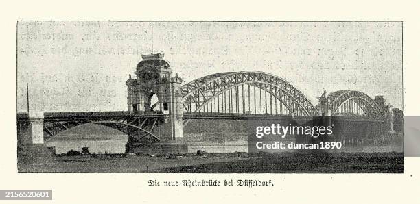 stockillustraties, clipart, cartoons en iconen met rhine railway bridge dusseldorf, germany, victorian 1890s 19th century, vintage photograph - düsseldorf