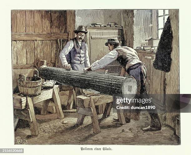 stone mason's in a workshop polishing a marble column, germany, victorian 1890s 19th century, vintage illustration - sculptor tools stock illustrations