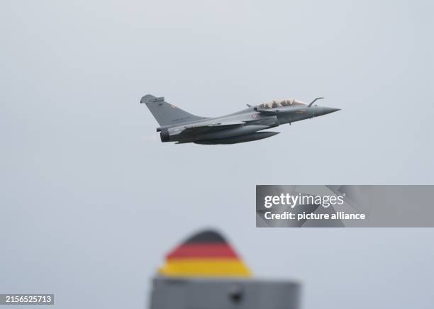 June 2024, Schleswig-Holstein, Jagel: A Dassault Rafale fighter jet of the French Air Force takes off during the NATO air force maneuver "Tiger Meet"...
