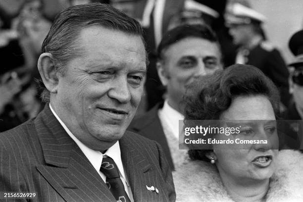 View of married couple, Polish-born Argentine Minister of Economy José Ber Gelbard and Dina Haskel during an Independence Day celebration, Buenos...