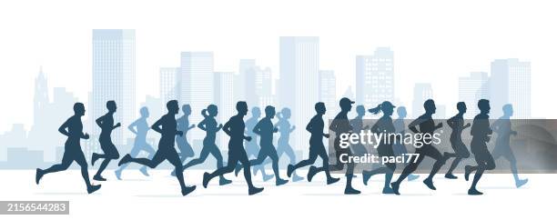 laufmarathon in der stadt, vektor-silhouette. - rennen körperliche aktivität stock-grafiken, -clipart, -cartoons und -symbole