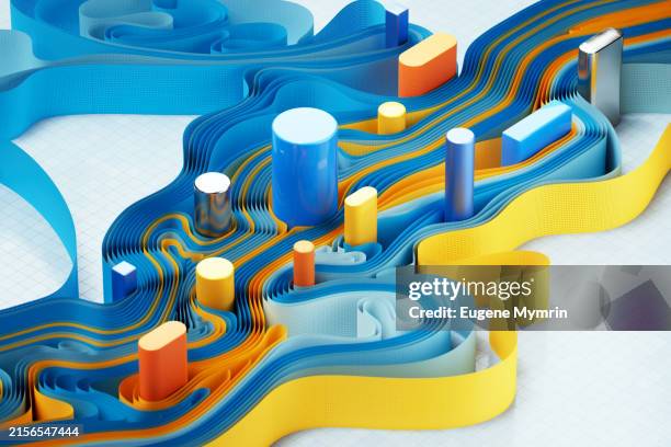 3d render of futuristic multicolored geometric shapes and data ribbons. visualizing large language model outputs as ribbons of information - token stock pictures, royalty-free photos & images