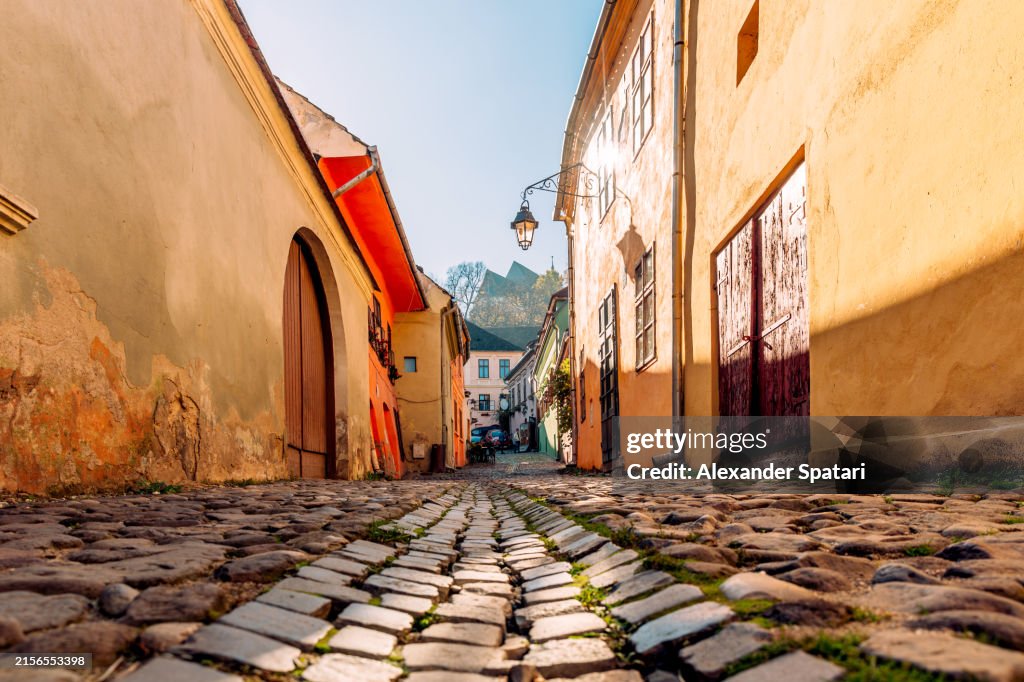 Cobbled alleys of Sighisoara citadel, Transylvania, Romania