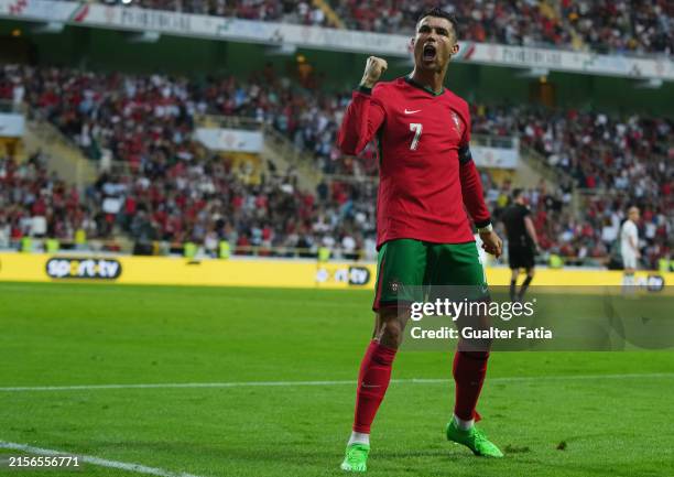 Cristiano Ronaldo of Portugal celebrates after scoring a goal during the International Friendly match between Portugal and Republic of Ireland at...