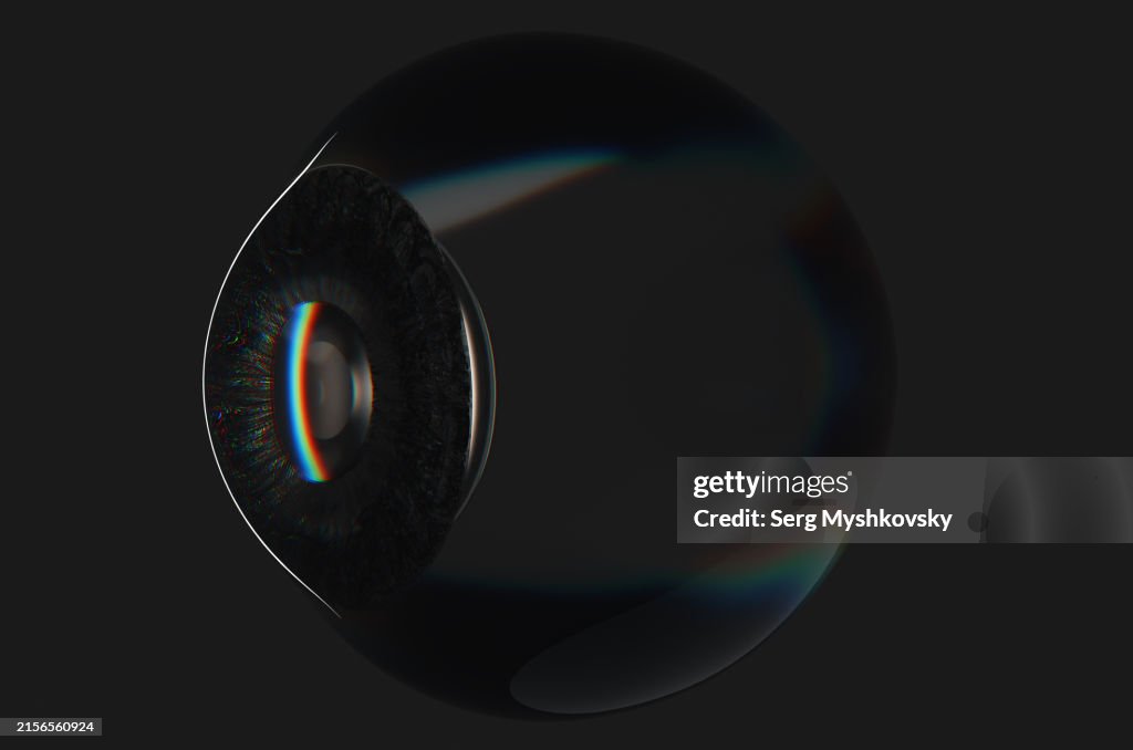 Abstract scientific model of human eye on black background.