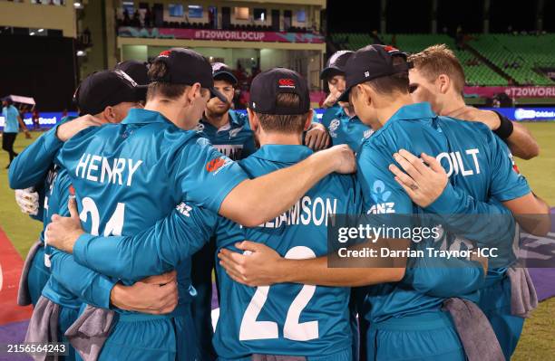 New Zealand players huddle during the ICC Men's T20 Cricket World Cup West Indies & USA 2024 match between New Zealand and Afghanistan at Providence...