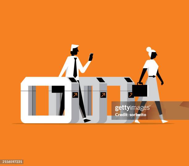 geschäftsleute passieren das drehkreuz - drehkreuz stock-grafiken, -clipart, -cartoons und -symbole