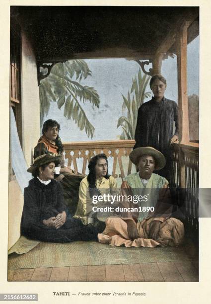 vintage picture, young woman sitting on a veranda in papeete, tahiti, history 1890s, 19th century, photograph - sitting on porch stock illustrations