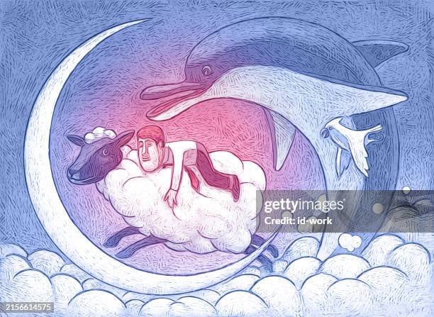 man riding sheep and jumping over crescent moon - dolphin jumping stock illustrations