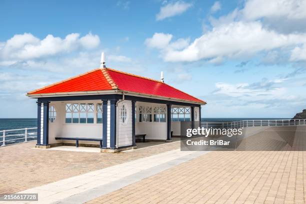 aberystwyth wooden seafront shelter - wooden shed stock pictures, royalty-free photos & images