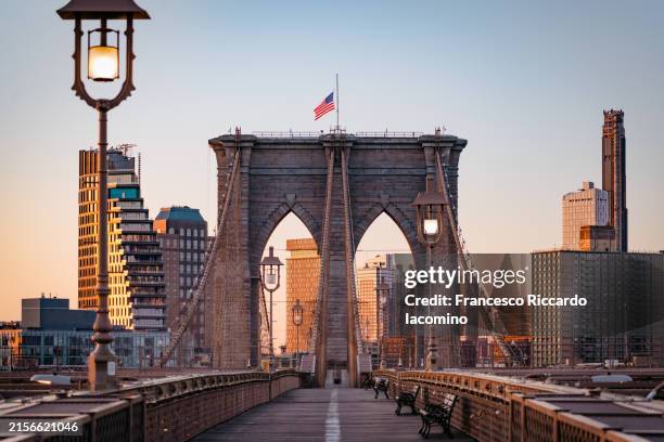 woman tourist watching brooklyn bridge, new york city, usa - brooklyn bridge stockfoto's en -beelden