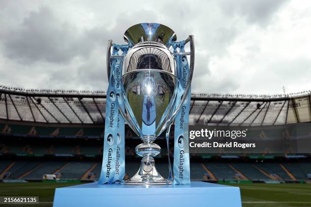 Detailed view of the Gallagher Premiership Rugby trophy, seen displayed prior to the Gallagher Premiership Rugby Final match between Northampton...