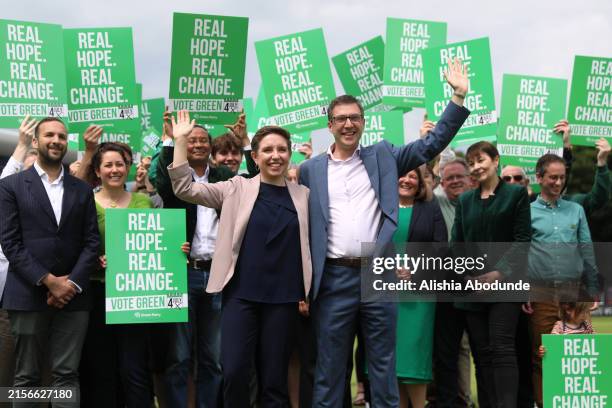 Co-leaders of the Green Party Carla Denyer and Adrian Ramsay pose with supporters after The Green Party Manifesto launch on June 12, 2024 in...
