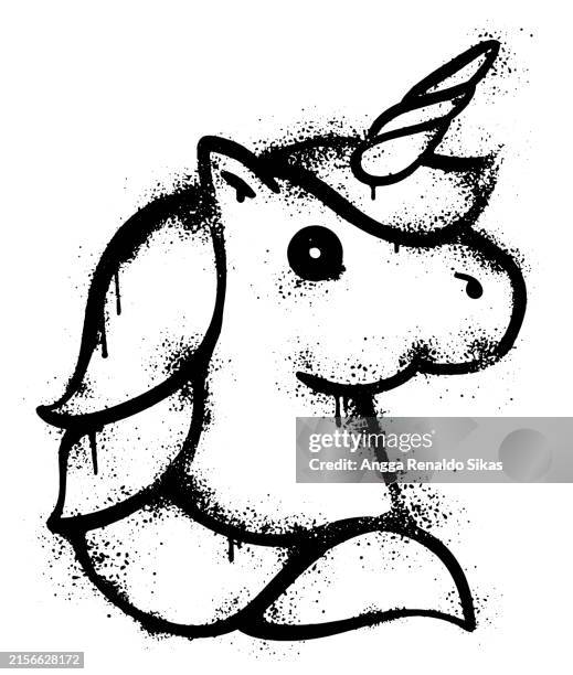 einhorn graffiti schwarz und weiß sprühfarbe isoliert auf weiß - krümel stock-grafiken, -clipart, -cartoons und -symbole